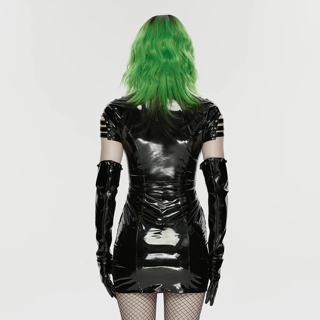 WQ-947LQF Gothic Black Lace-Up Vinyl Punk Dresses with Fishnet Sleeves - Image 4