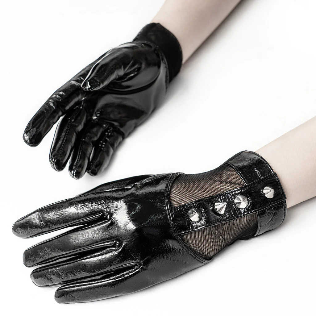WS-382SSF Punk Accessories Black Studded Mesh Panel Gloves - Image 7