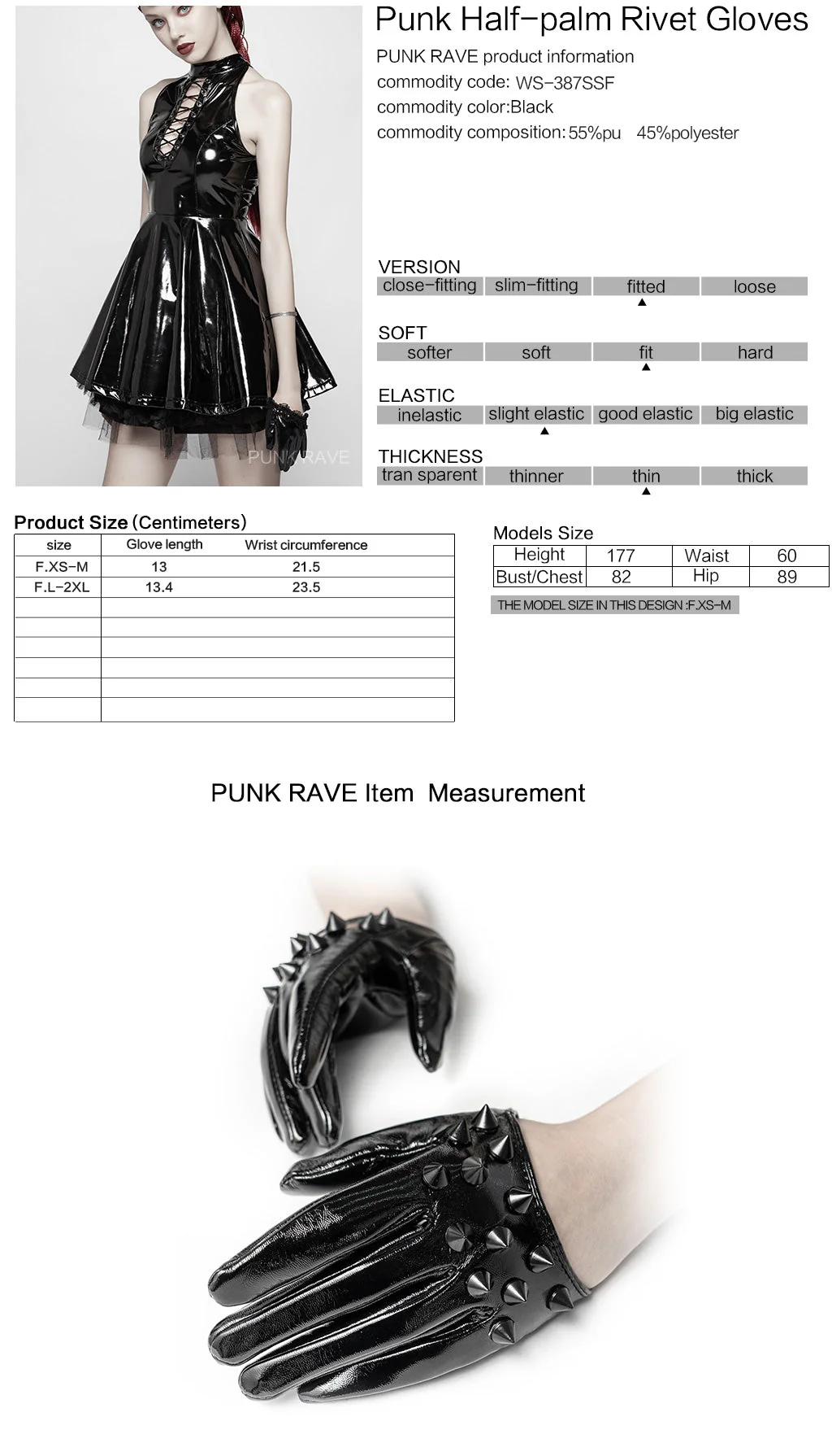 WS-387SSF Edgy Black Rivet Half-Palm Gloves Punk Accessories - Image 2