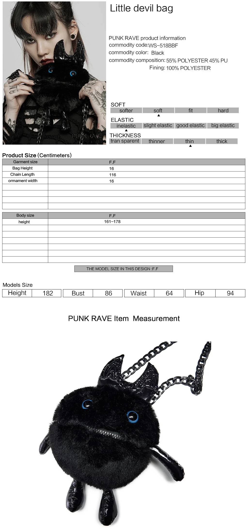 WS-518BBF Gothic Devil Plush Bag with Chain Punk Accessories - Image 3