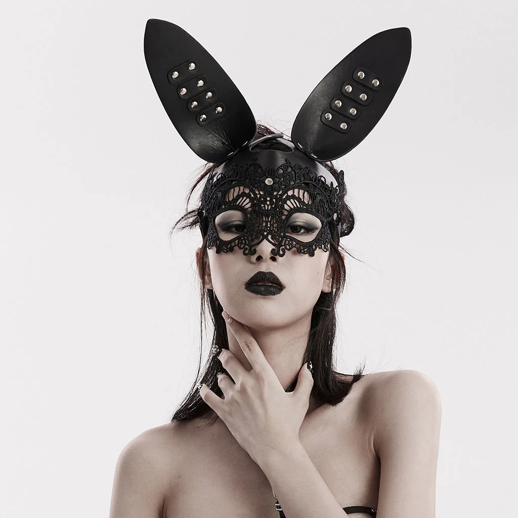 WS-594QTF Gothic Rabbit Lace Mask with Studded Leather Ears - Image 3
