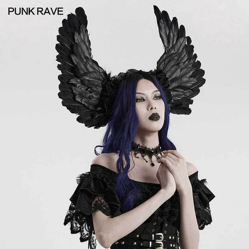 WS-596FSF Gothic Angel Black Feathered Wing Headband Hairpiece - Image 10