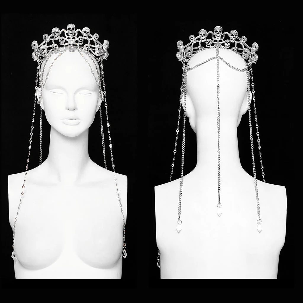 WS-605FSF Gothic Silver Skull Crown with Dramatic Chain Details - Image 11