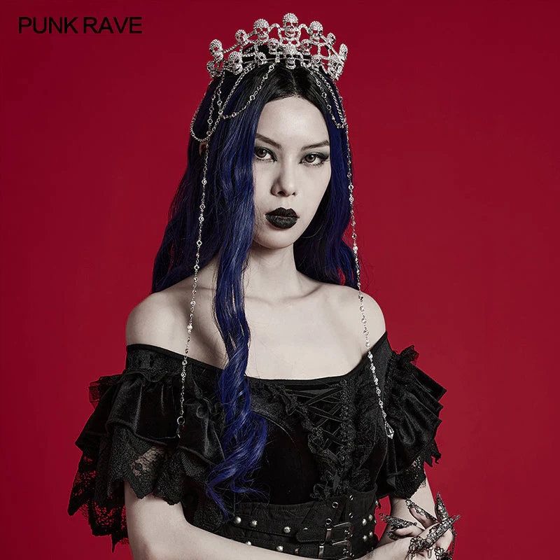 WS-605FSF Gothic Silver Skull Crown with Dramatic Chain Details - Image 8