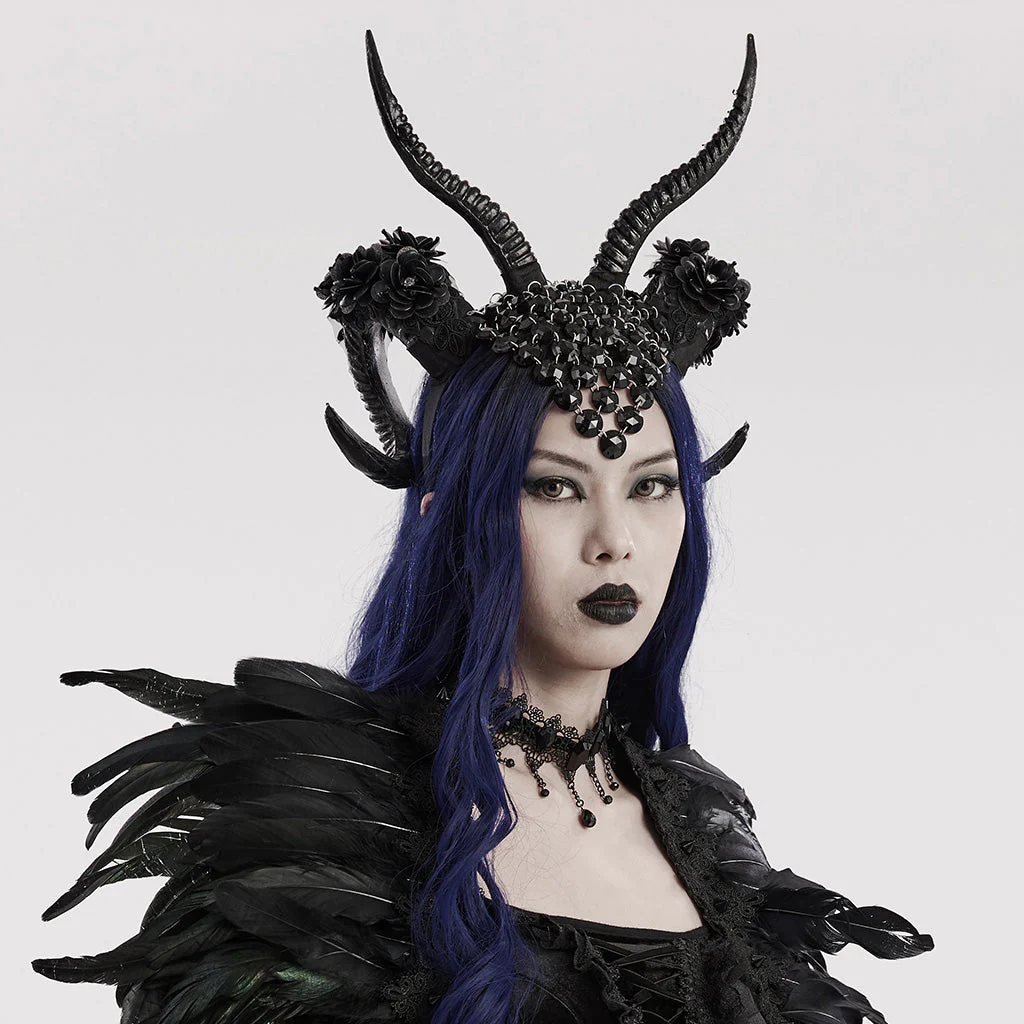 WS-613FSF Gothic Demon Horn Headdress with Floral and Gemstone Detailing - Image 10