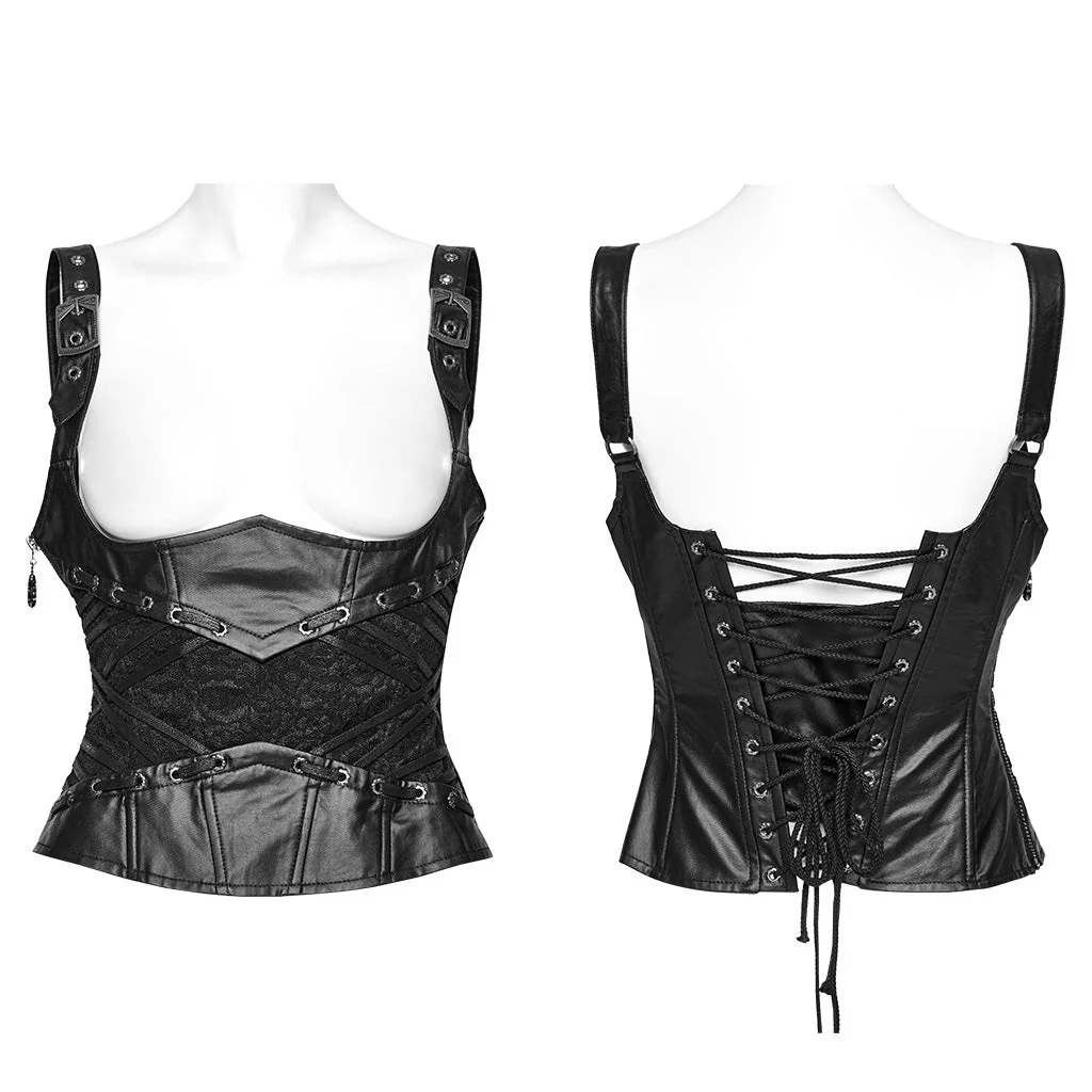 WS-630YDF Gothic Lace-Up Faux Leather Corset Vest with Buckle Straps - Image 21