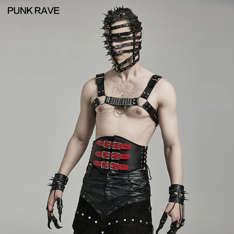 WS-635YDM Punk Rave Punk Corset Spiked Leather Waist Cincher with Red Buckle Straps - Image 26