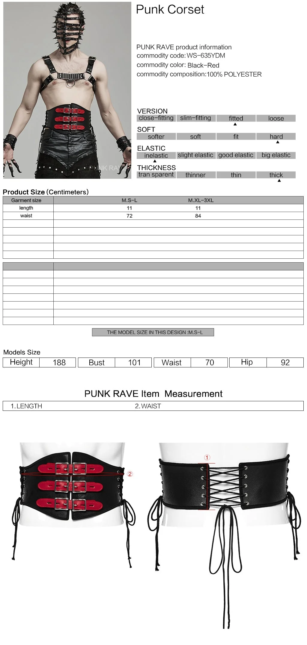 WS-635YDM Punk Rave Punk Corset Spiked Leather Waist Cincher with Red Buckle Straps - Image 30