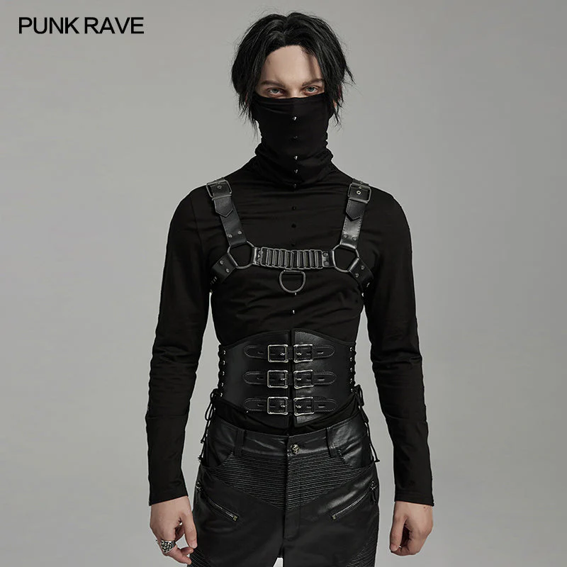 WS-635YDM Punk Rave Punk Corset Spiked Leather Waist Cincher with Red Buckle Straps - Image 36