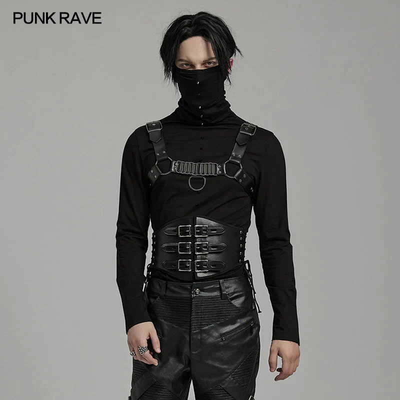 WS-635YDM Punk Rave Punk Corset Spiked Leather Waist Cincher with Red Buckle Straps - Image 37