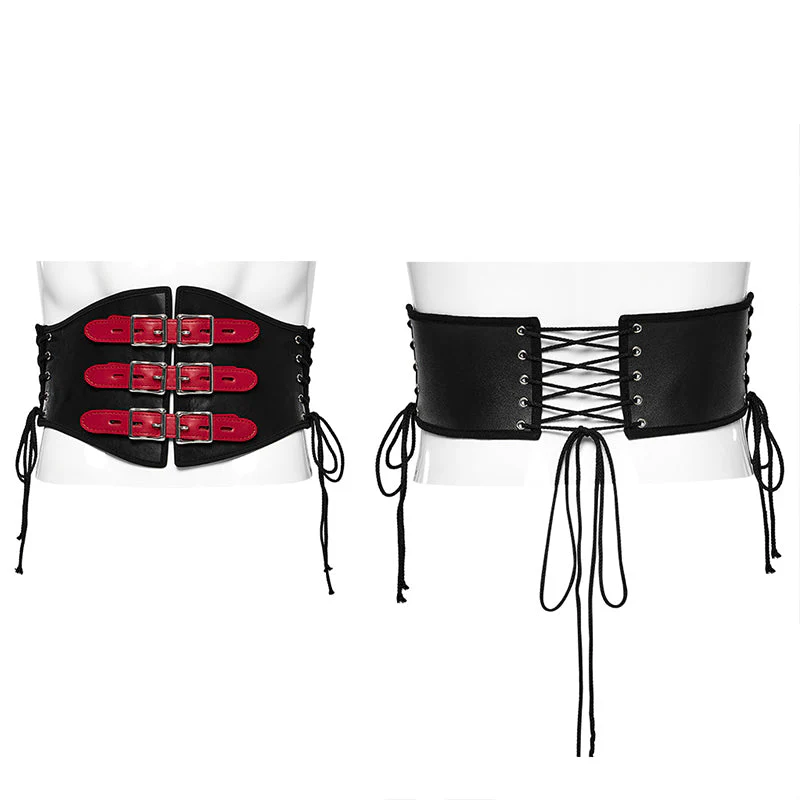 WS-635YDM Punk Rave Punk Corset Spiked Leather Waist Cincher with Red Buckle Straps - Image 4