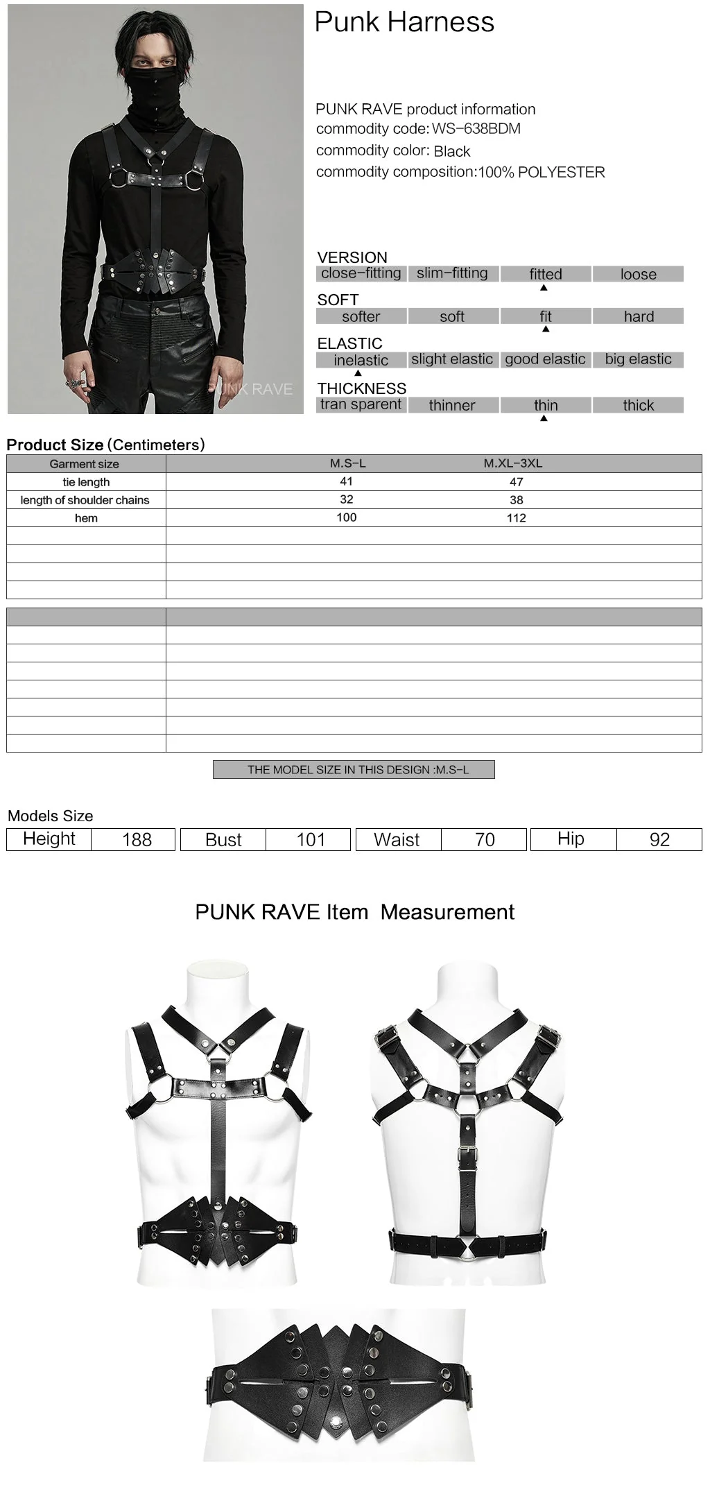 WS-638BDM Punk Accessories Leather Harness Vest with Studded Straps - Image 2