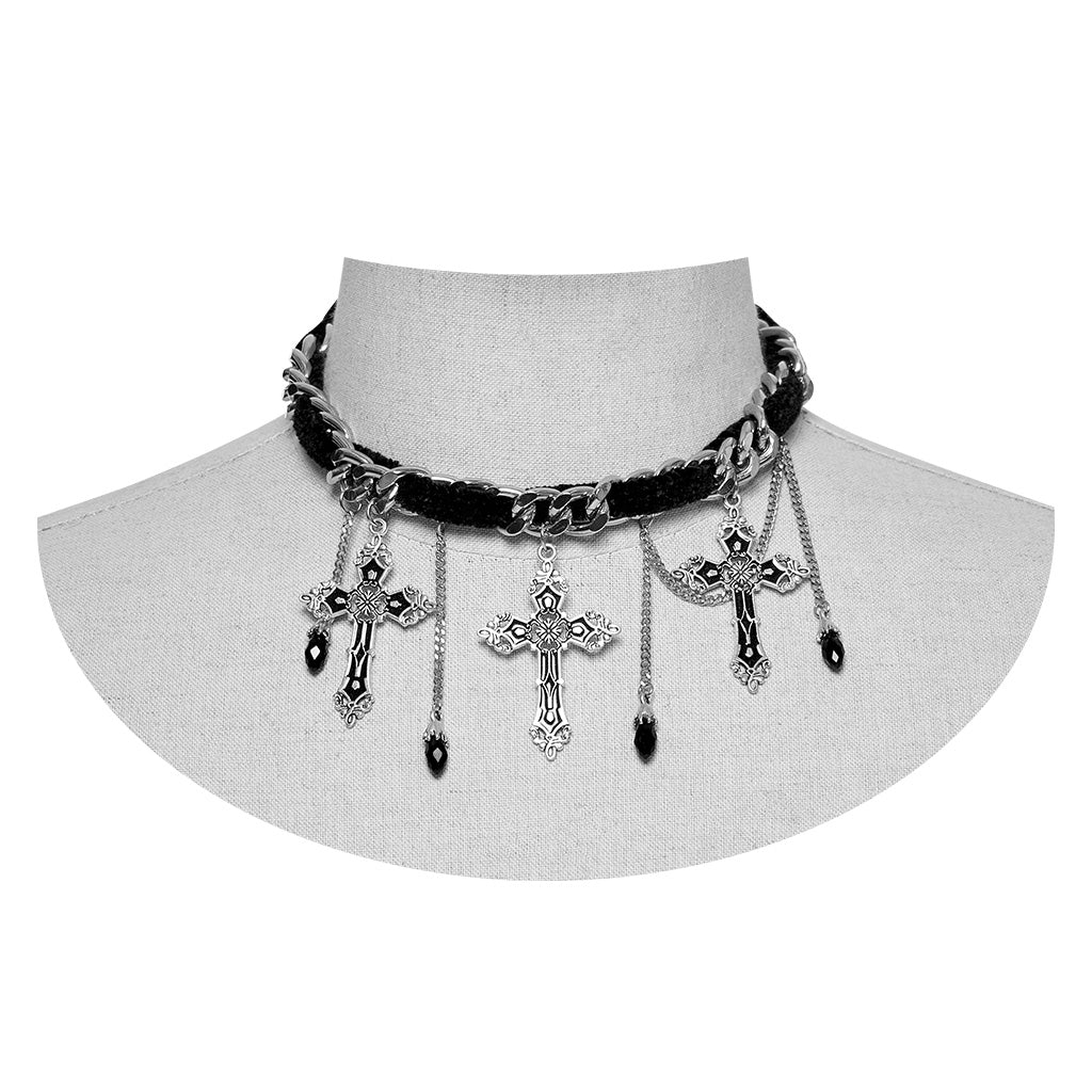 WS-659LHF Gothic Elegance Cross Choker Necklace Gothic Accessories Vintage Silver