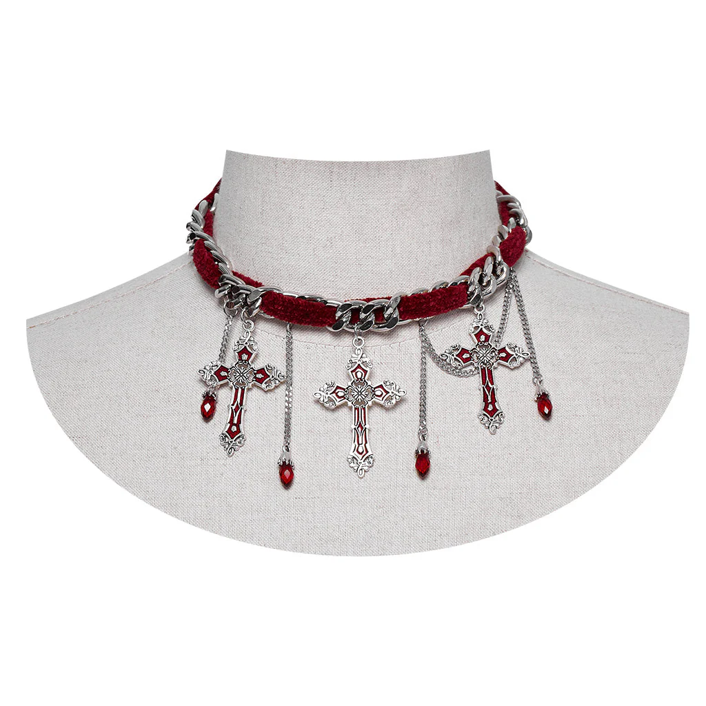 WS-659LHF Gothic Elegance Cross Choker Necklace Gothic Accessories Vintage Silver - Image 12