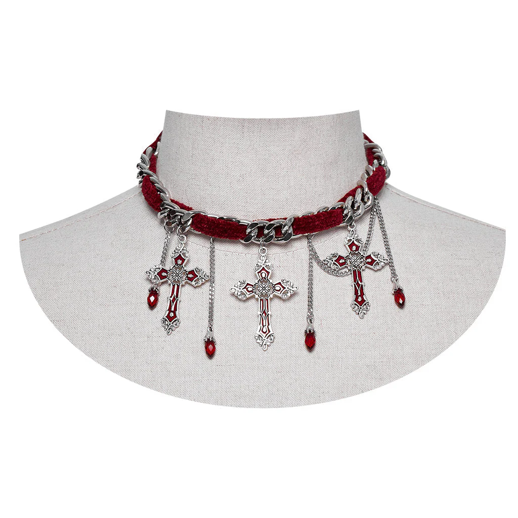 WS-659LHF Gothic Elegance Cross Choker Necklace Gothic Accessories Vintage Silver - Image 28