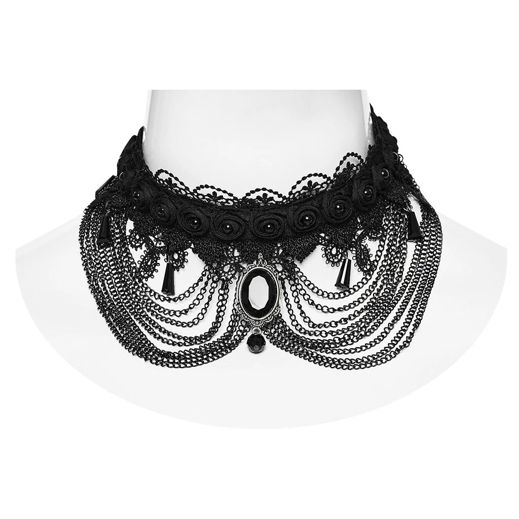 WS-668LHF Gothic Lace Choker Necklace Black Lace Chains Victorian Rose - Image 10