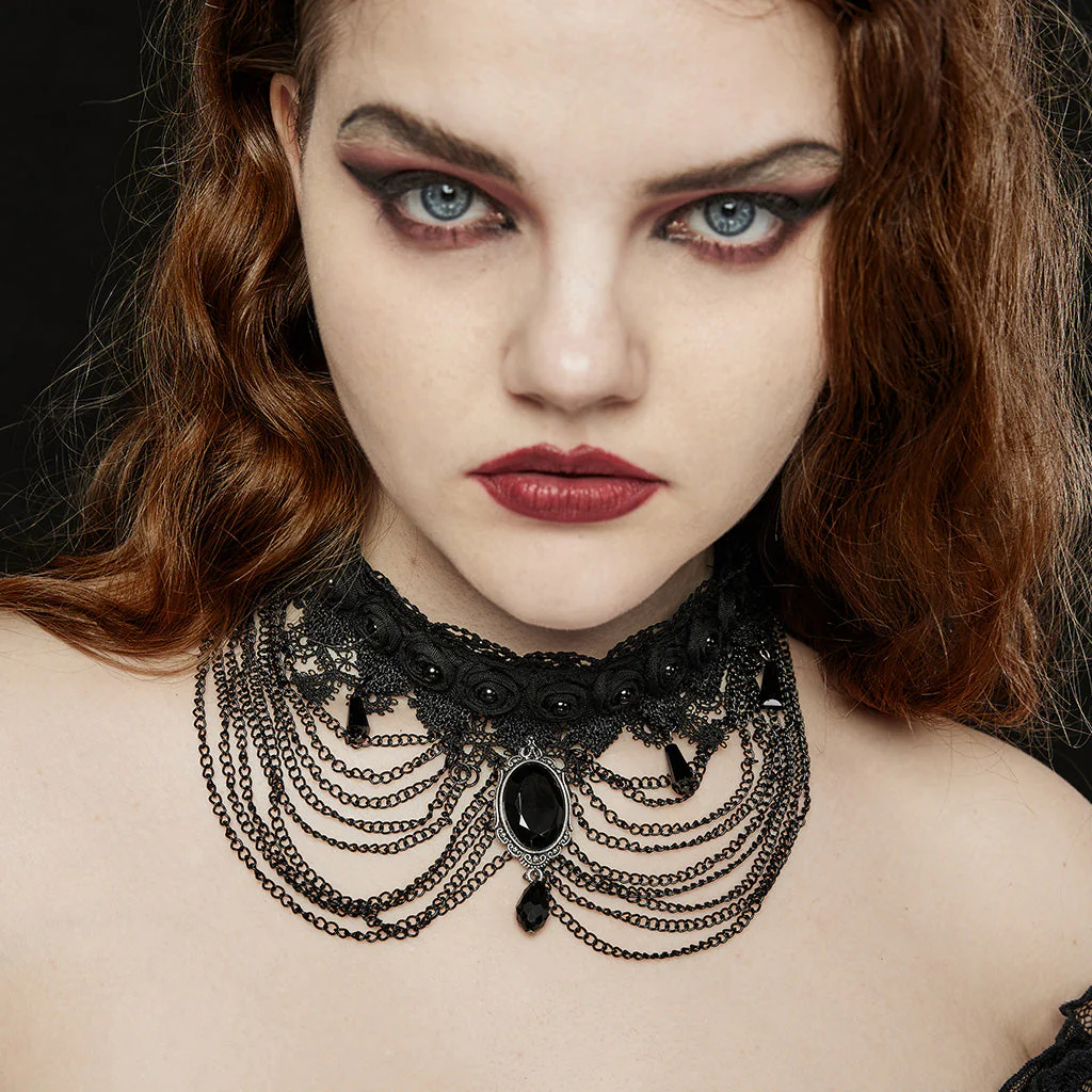 WS-668LHF Gothic Lace Choker Necklace Black Lace Chains Victorian Rose - Image 3