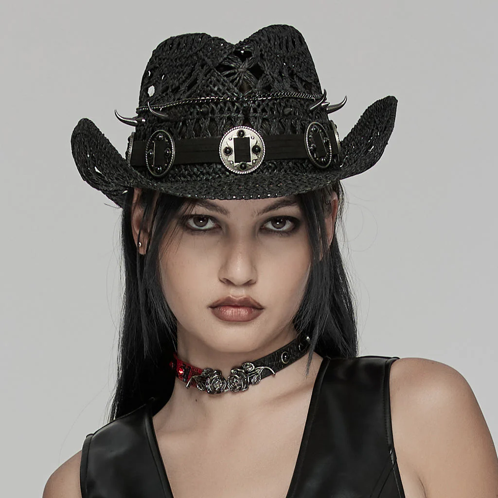 WS-675MZ Intricate Black Mesh Punk Rocker Hat - Image 3