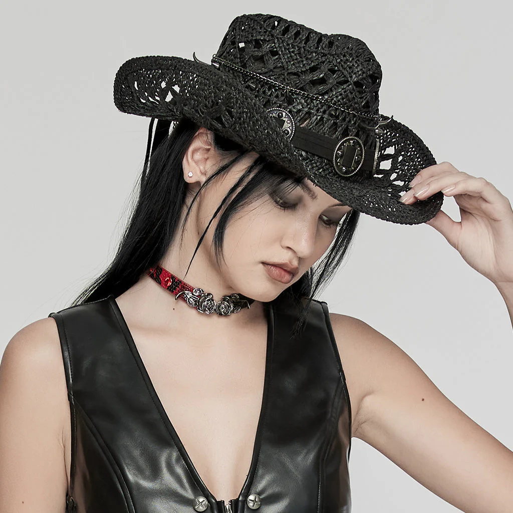 WS-675MZ Intricate Black Mesh Punk Rocker Hat - Image 37