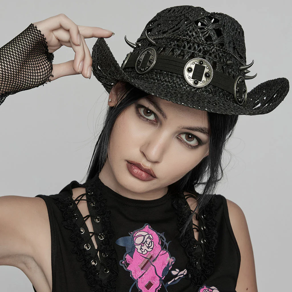 WS-675MZ Intricate Black Mesh Punk Rocker Hat - Image 5