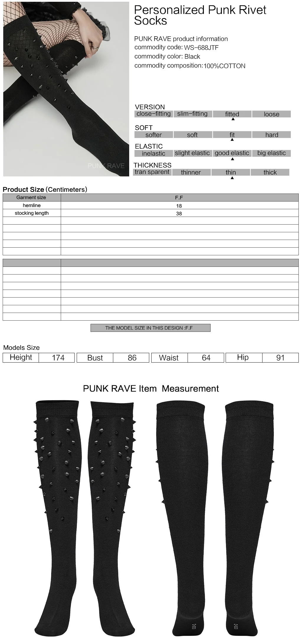 WS-688JTF Gothic Black Knee-High Spiked Punk Socks Fashion Accessories - Image 17