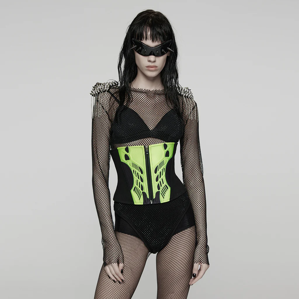 WS-704YDF Neon Green Cyber Punk Corset with Lace-Up Back - Image 3