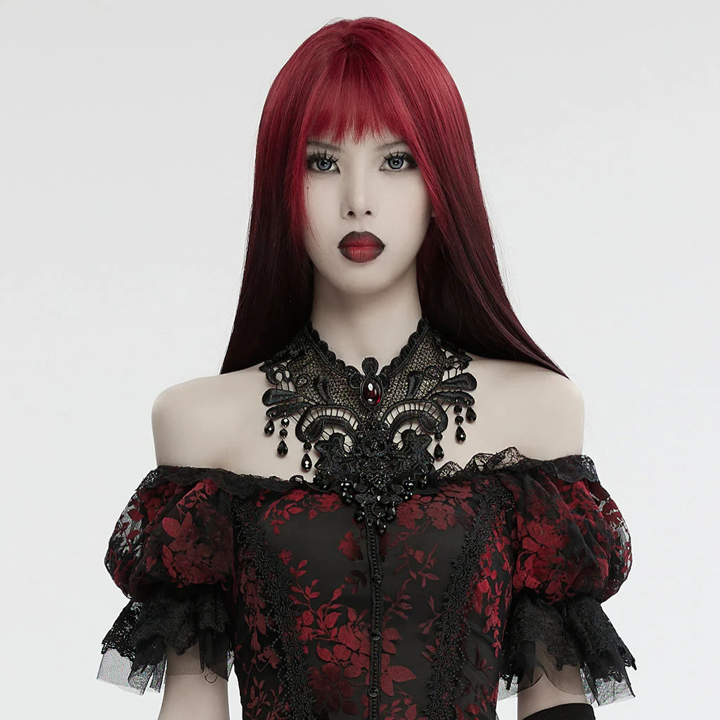WS-711LHF Gothic Ruby Black Lace Choker Necklace with Beaded Fringe - Image 12