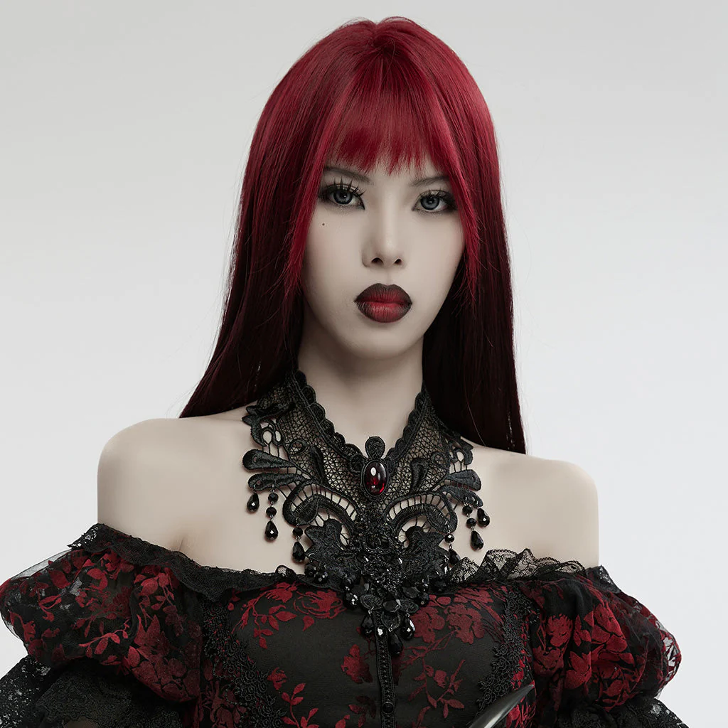 WS-711LHF Gothic Ruby Black Lace Choker Necklace with Beaded Fringe - Image 13