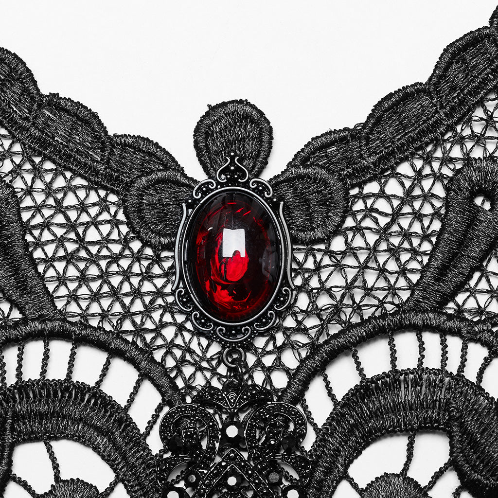WS-711LHF Gothic Ruby Black Lace Choker Necklace with Beaded Fringe - Image 17