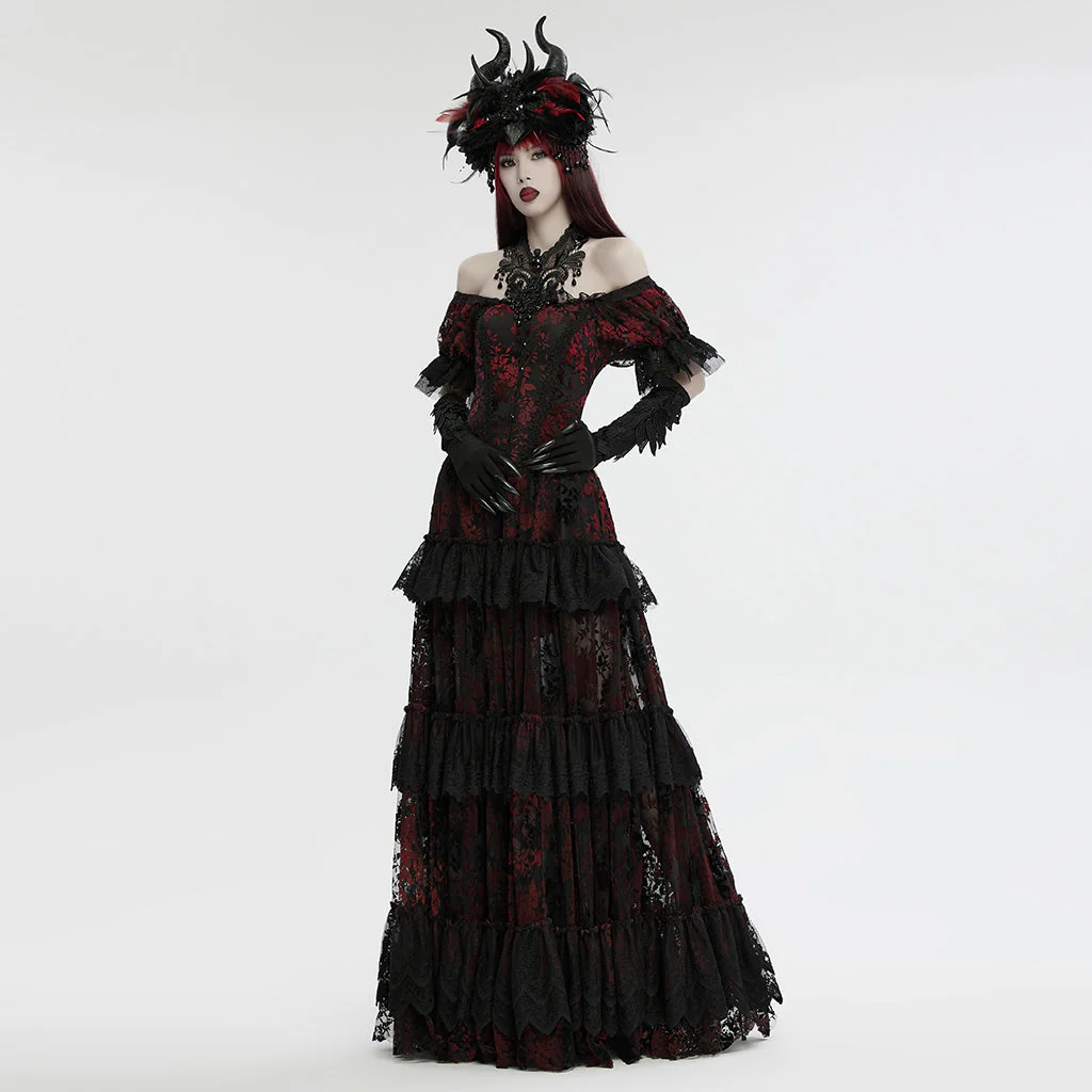 WS-711LHF Gothic Ruby Black Lace Choker Necklace with Beaded Fringe - Image 6