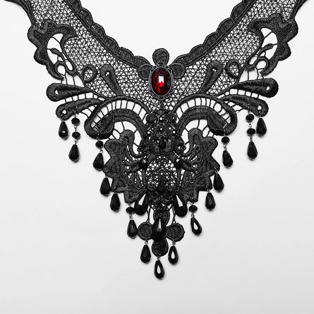 WS-711LHF Gothic Ruby Black Lace Choker Necklace with Beaded Fringe - Image 8