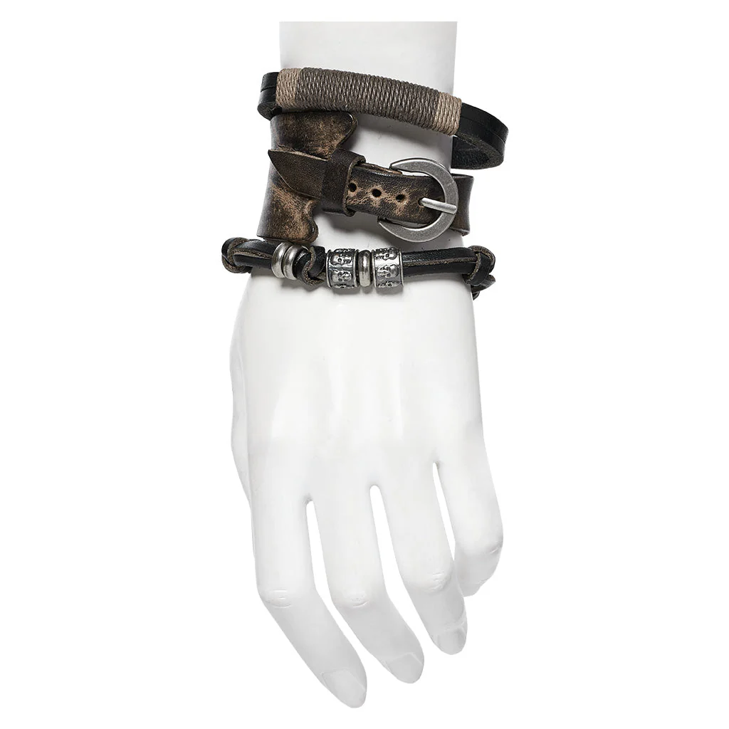 WS-714SSF Edgy Leather Layered Punk Bracelet Set with Metal Accents - Image 10