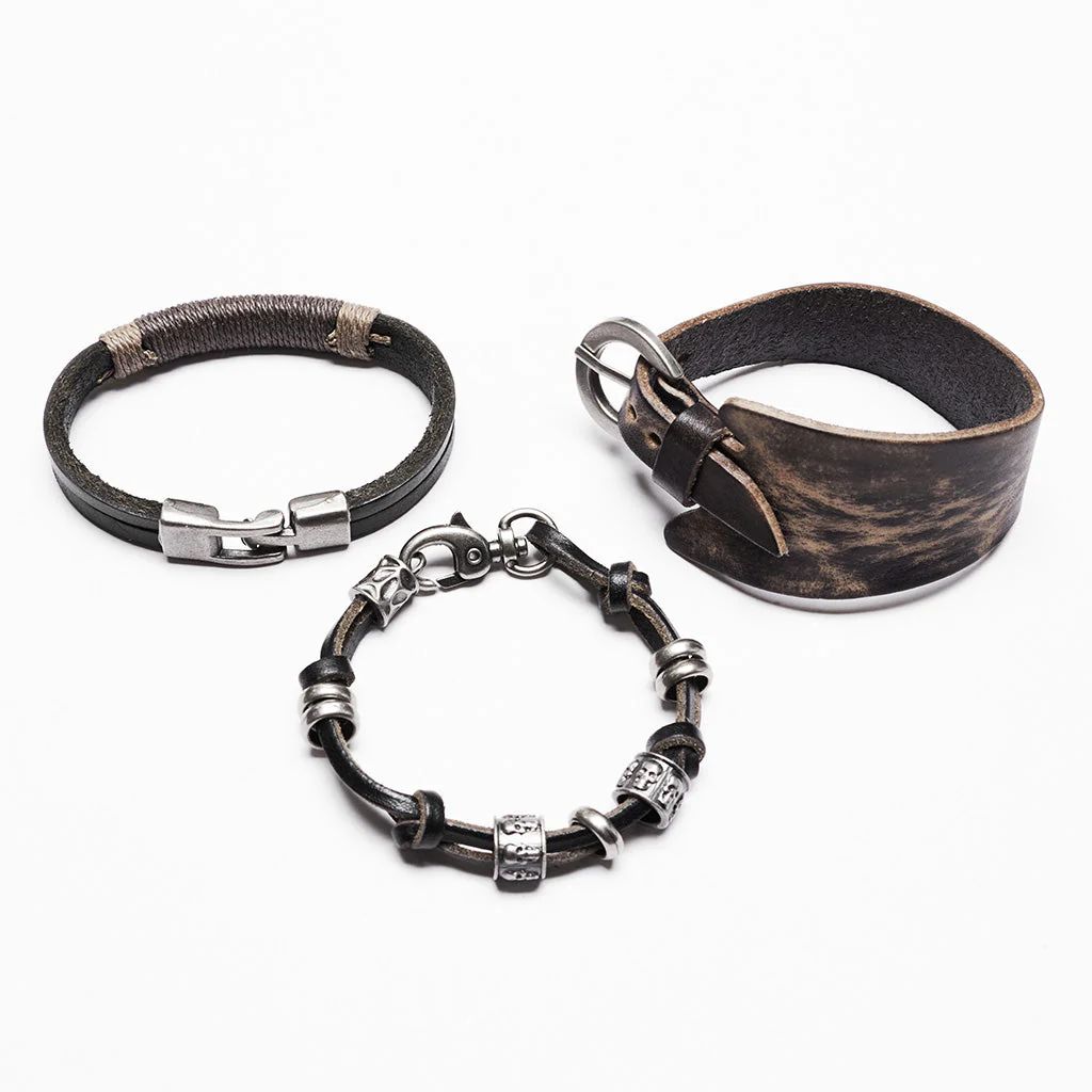 WS-714SSF Edgy Leather Layered Punk Bracelet Set with Metal Accents - Image 14