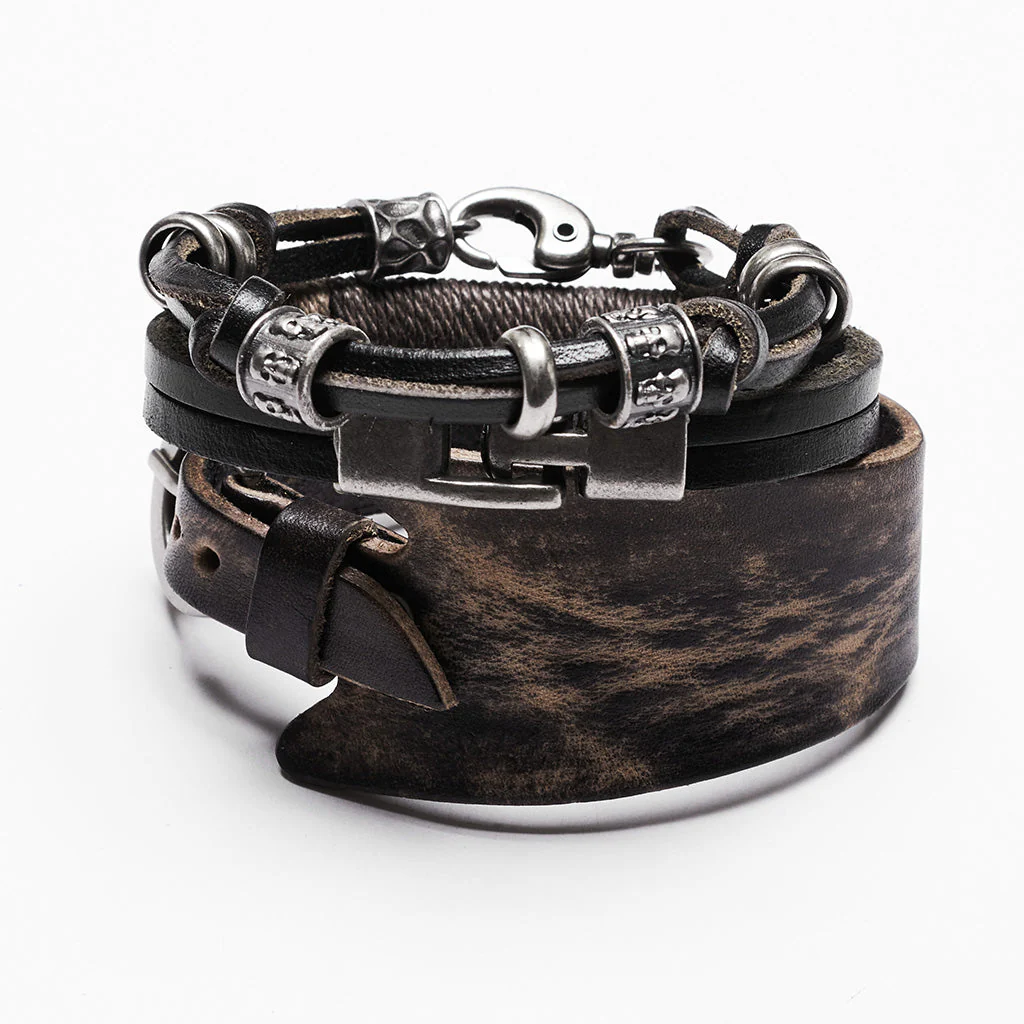 WS-714SSF Edgy Leather Layered Punk Bracelet Set with Metal Accents - Image 16