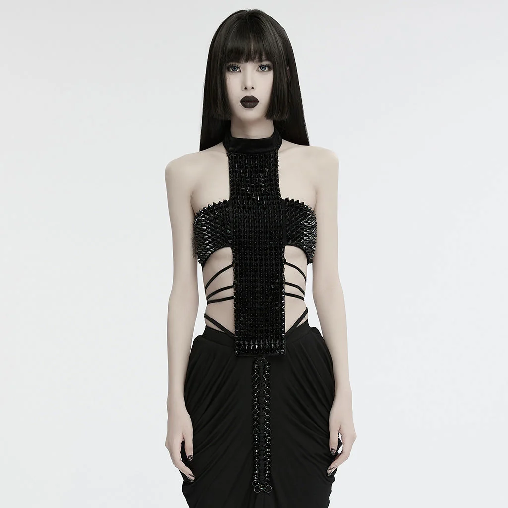 WS-716OTF Edgy Gothic Halter Vest with Cross Studded Design - Image 13