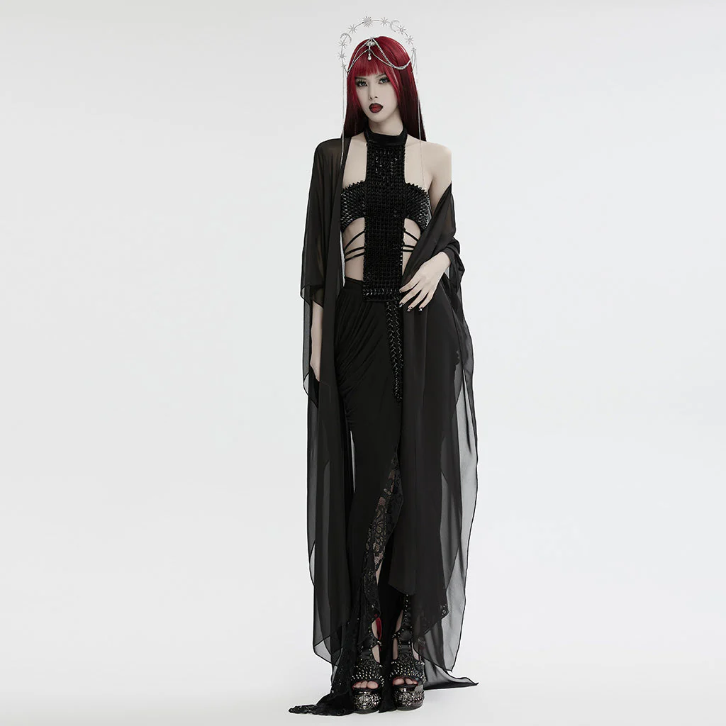 WS-716OTF Edgy Gothic Halter Vest with Cross Studded Design - Image 16