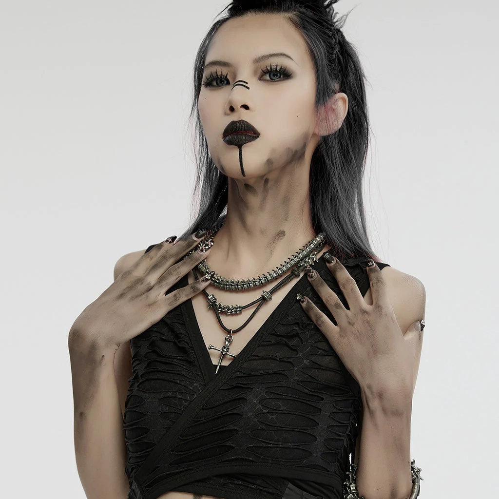 WS-718LHF Edgy Punk Spine Cross Layered Necklace Set - Image 10