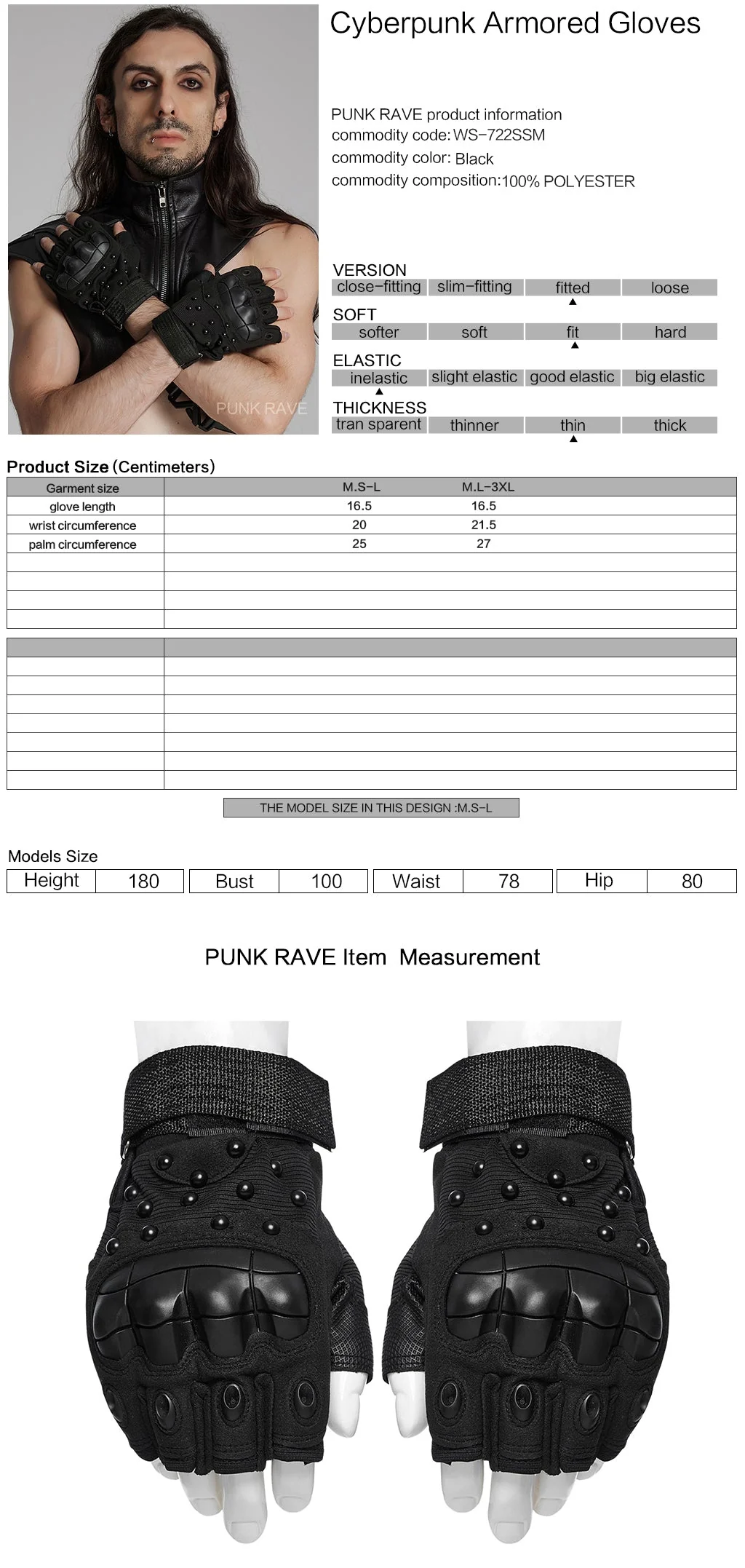 WS-722SSM Tactical Studded Punk Gloves with Reinforced Knuckle Armor - Image 2