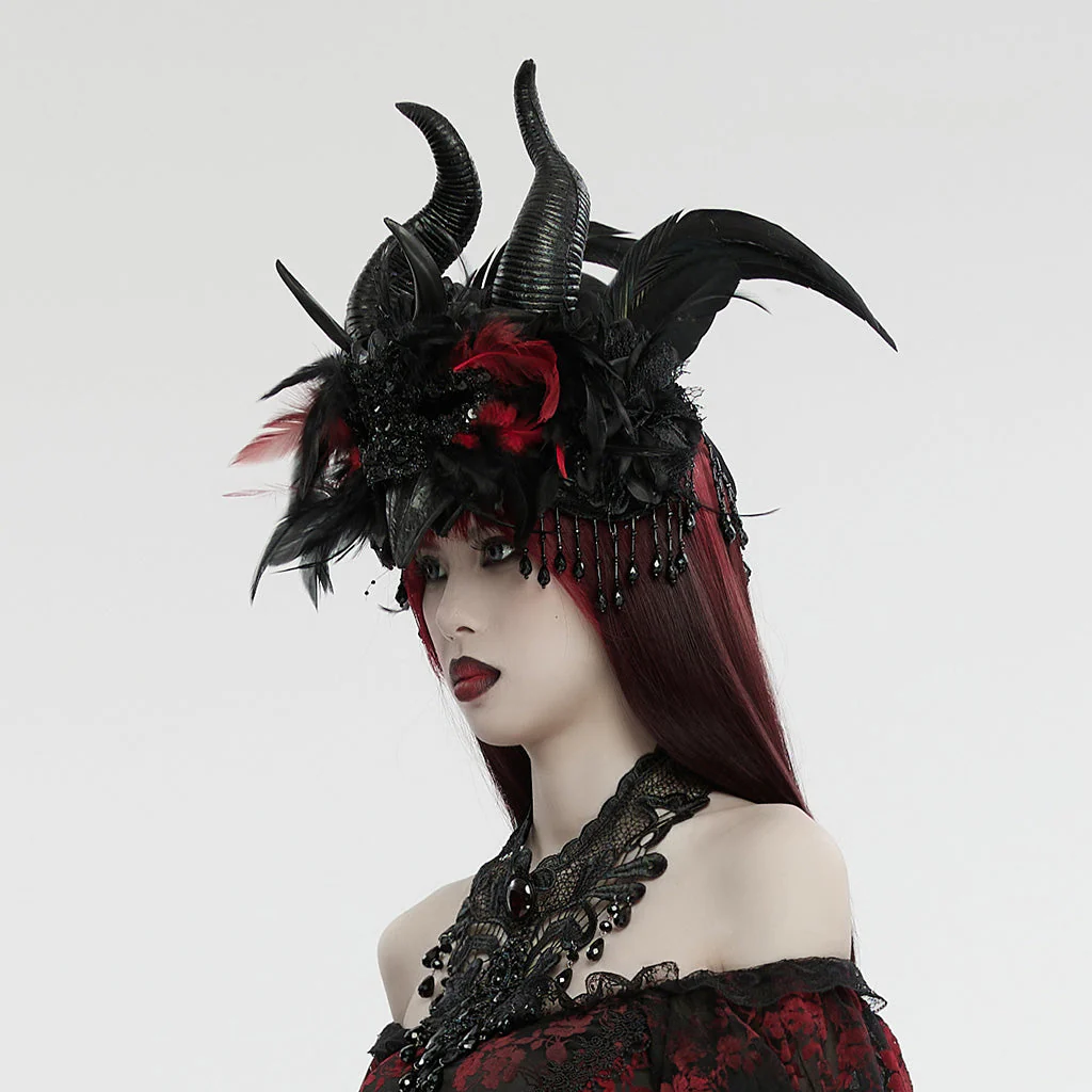 WS-729FSF Gothic Horned Feather Headpiece with Red and black Beads - Image 3