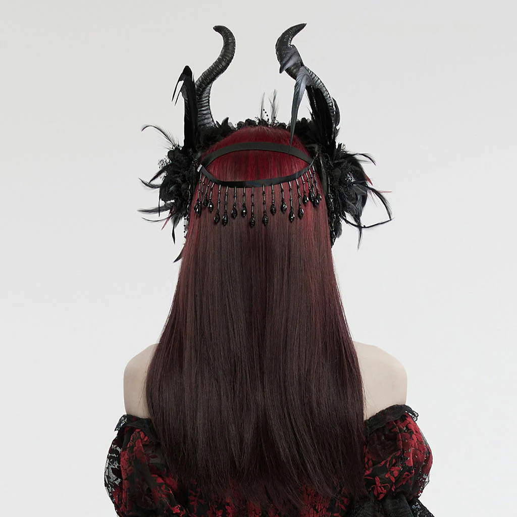 WS-729FSF Gothic Horned Feather Headpiece with Red and black Beads - Image 4