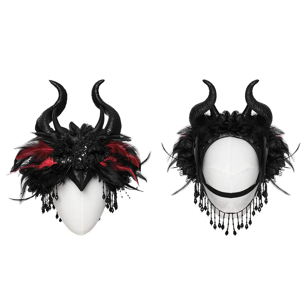 WS-729FSF Gothic Horned Feather Headpiece with Red and black Beads - Image 6