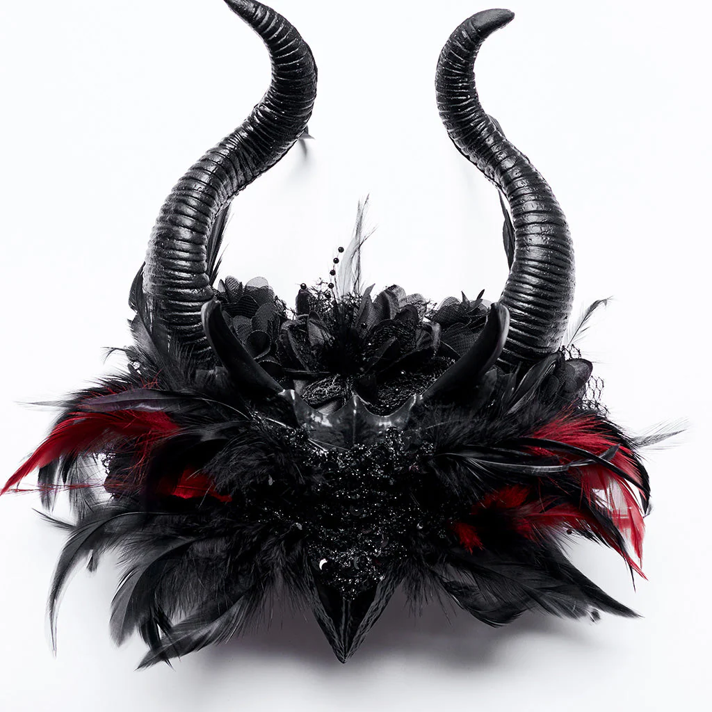 WS-729FSF Gothic Horned Feather Headpiece with Red and black Beads - Image 7