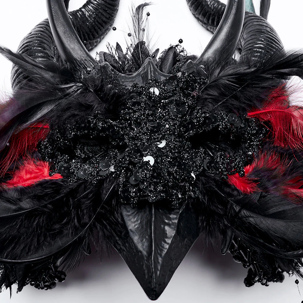 WS-729FSF Gothic Horned Feather Headpiece with Red and black Beads - Image 8