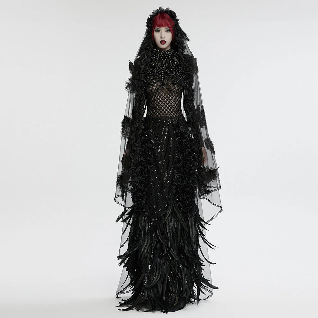 WS-731FSF Gothic Feathered Elegance Sheer Long Black Veil Dress - Image 3