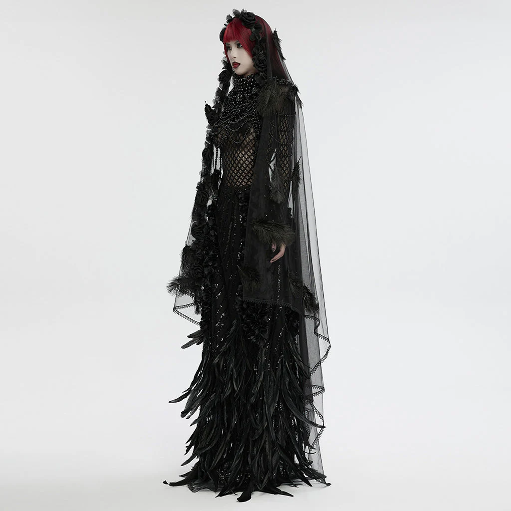 WS-731FSF Gothic Feathered Elegance Sheer Long Black Veil Dress - Image 4