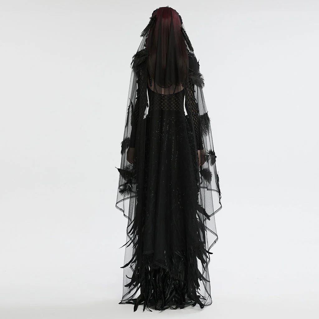 WS-731FSF Gothic Feathered Elegance Sheer Long Black Veil Dress - Image 5