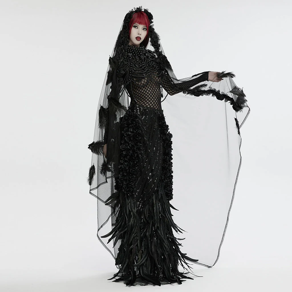WS-731FSF Gothic Feathered Elegance Sheer Long Black Veil Dress - Image 6