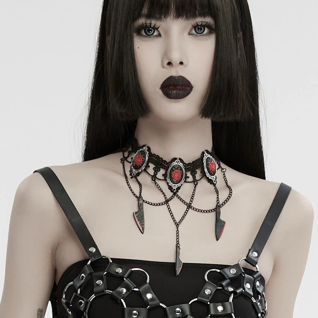 WS-733LHF Gothic Red Rose Blade Choker Gothic Accessories Necklace - Image 3