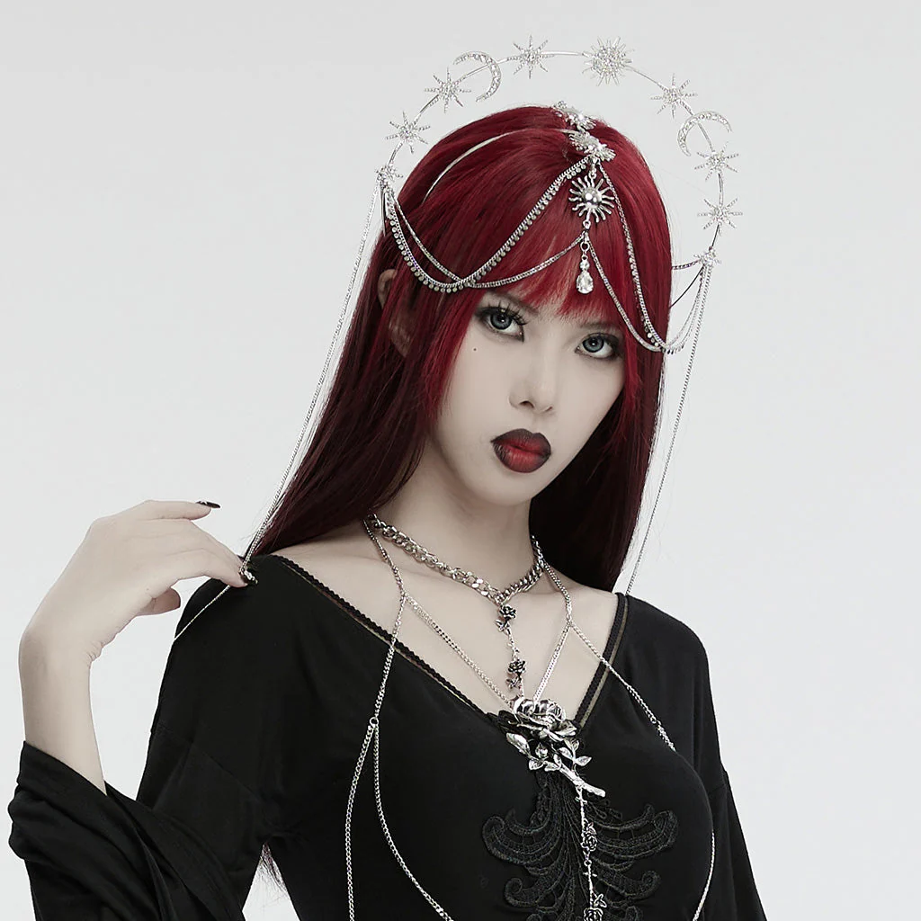 WS-734FSF Celestial Gothic Star Moon Headpiece with Drape Chains - Image 3