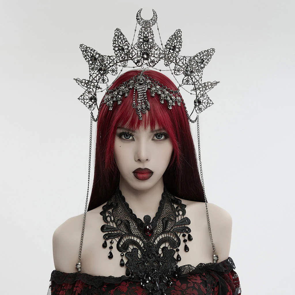 WS-737FSF Skull Chain Gothic Crown Headpiece Silver Crescent Moon Design